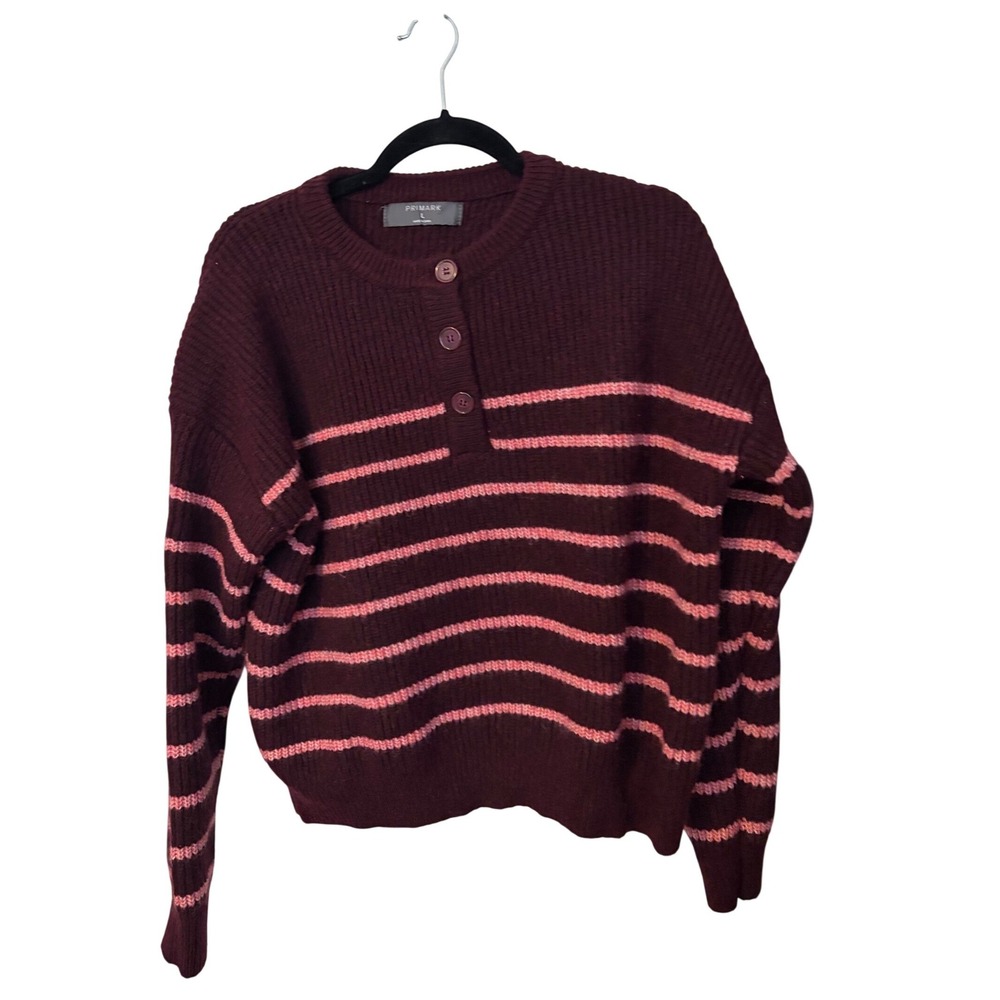 Primark Womens Henley‎ Striped Ribbed Knit Wool Blend Sweater Burgundy Pink L